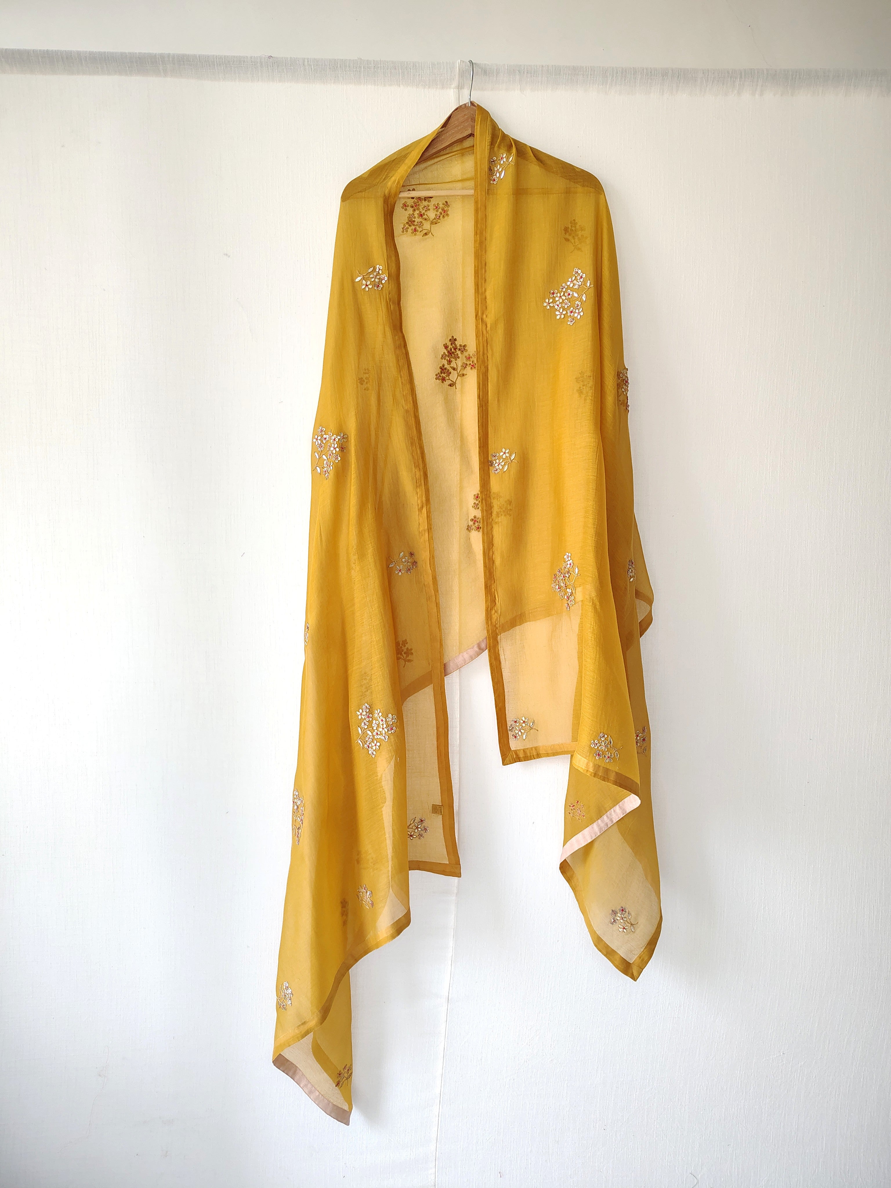Mustard Ivory Floral Gota Patti Chanderi Dupatta
