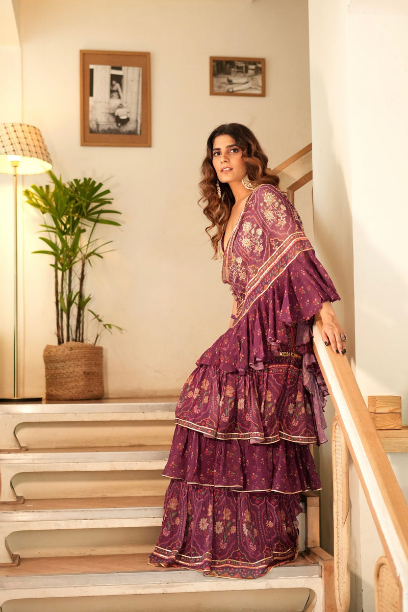 WINE DAMINI RUFFLE SAREE