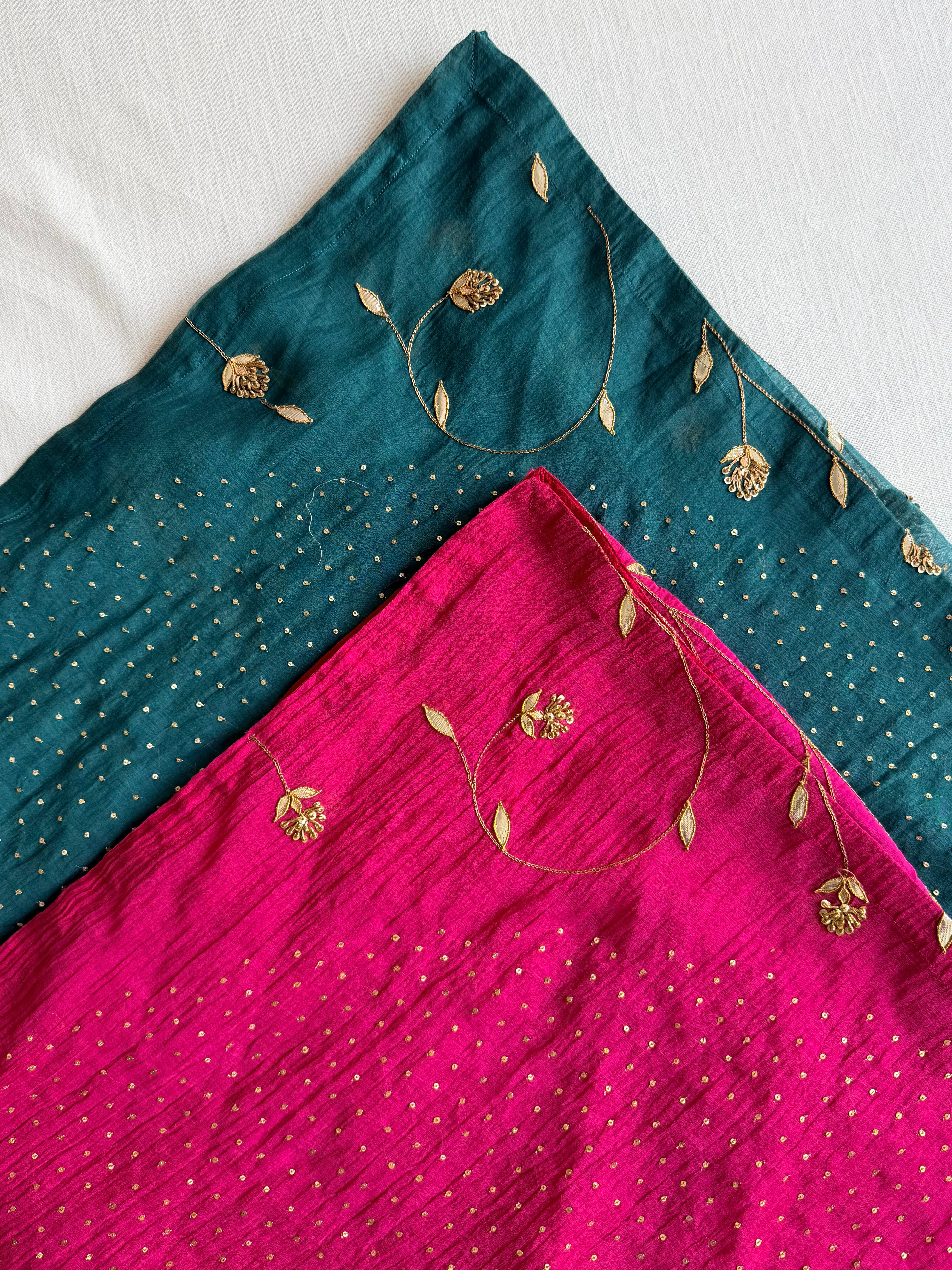 Teal & Magenta Hand Embroidered Gota Patti Chanderi Dupatta