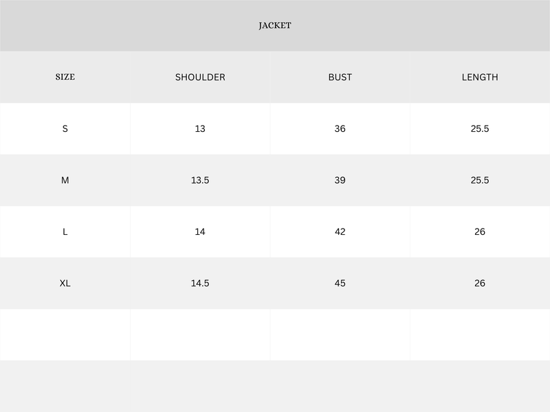 Garment Size Chart - Inches