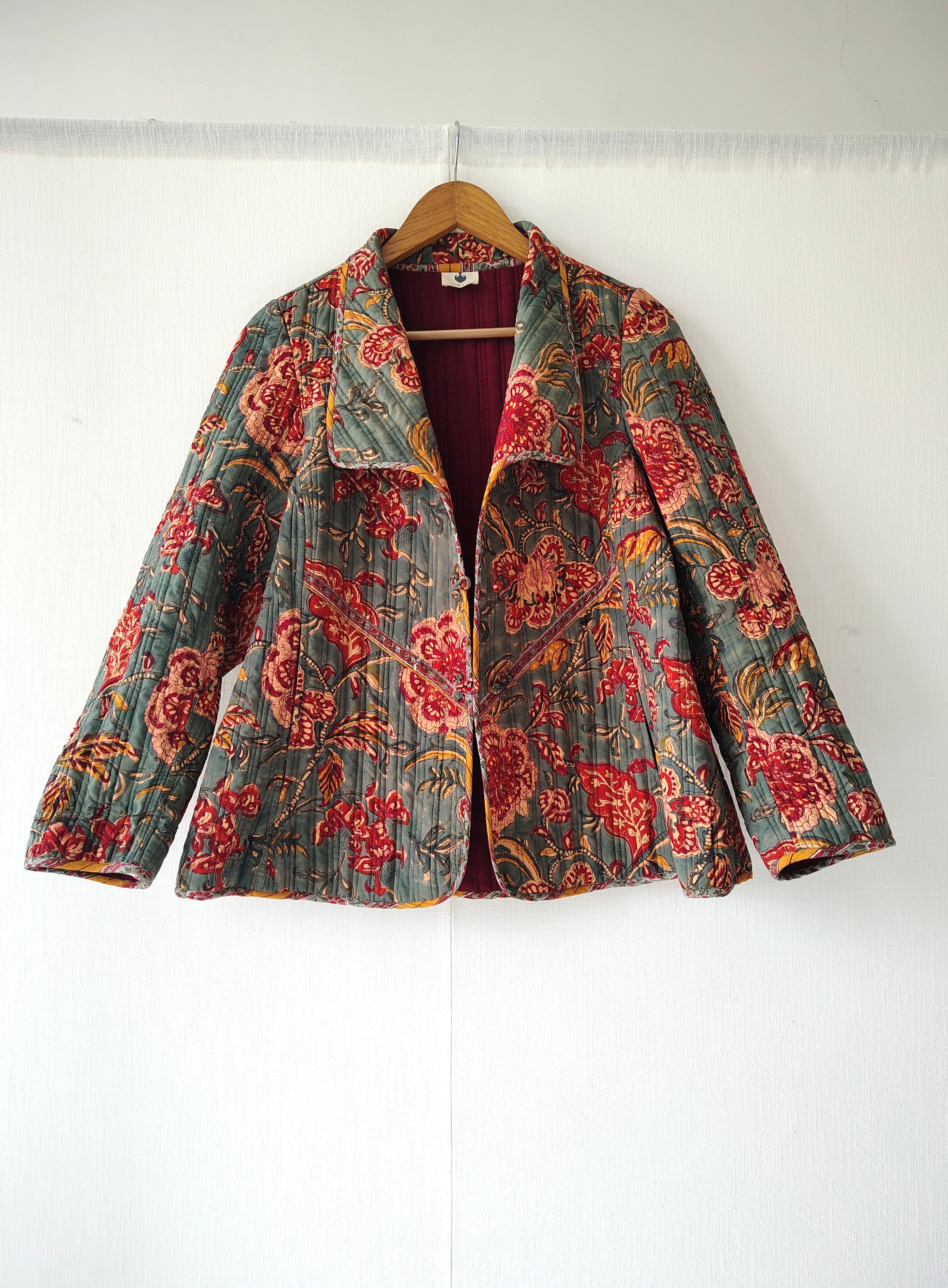 Hand Quilted Jacket Floral - Floral Block Print