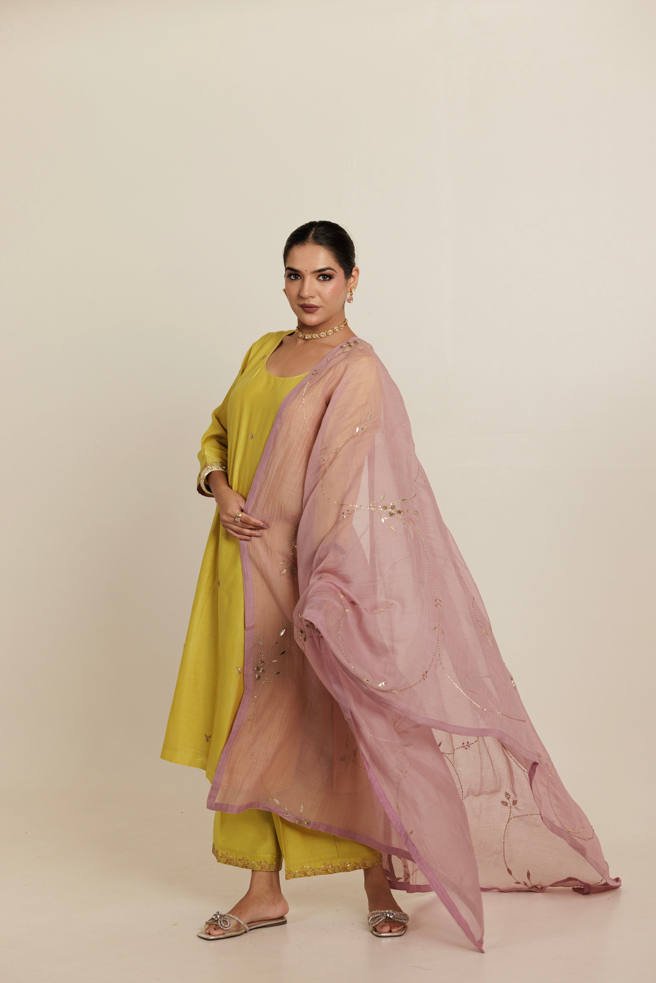 Hand Embroidered Gota Patti Chanderi Kurta Set