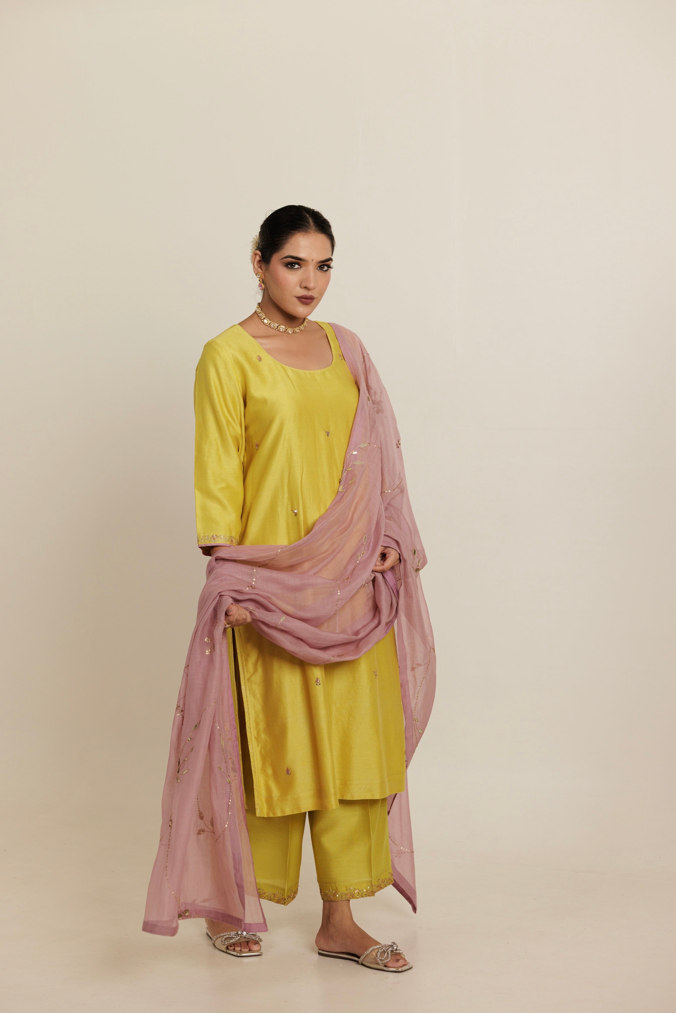 Hand Embroidered Gota Patti Chanderi Kurta Set