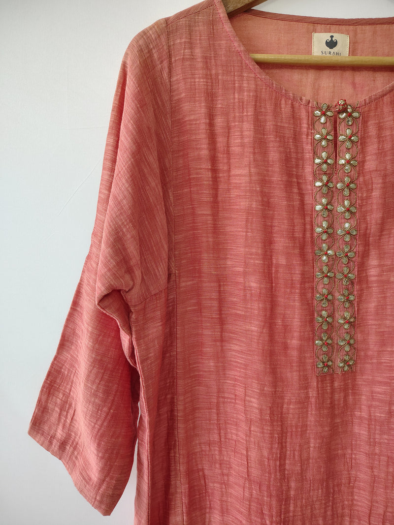 Coral Pink Gota Patti Hand Embroidered Kurta & Pant Set