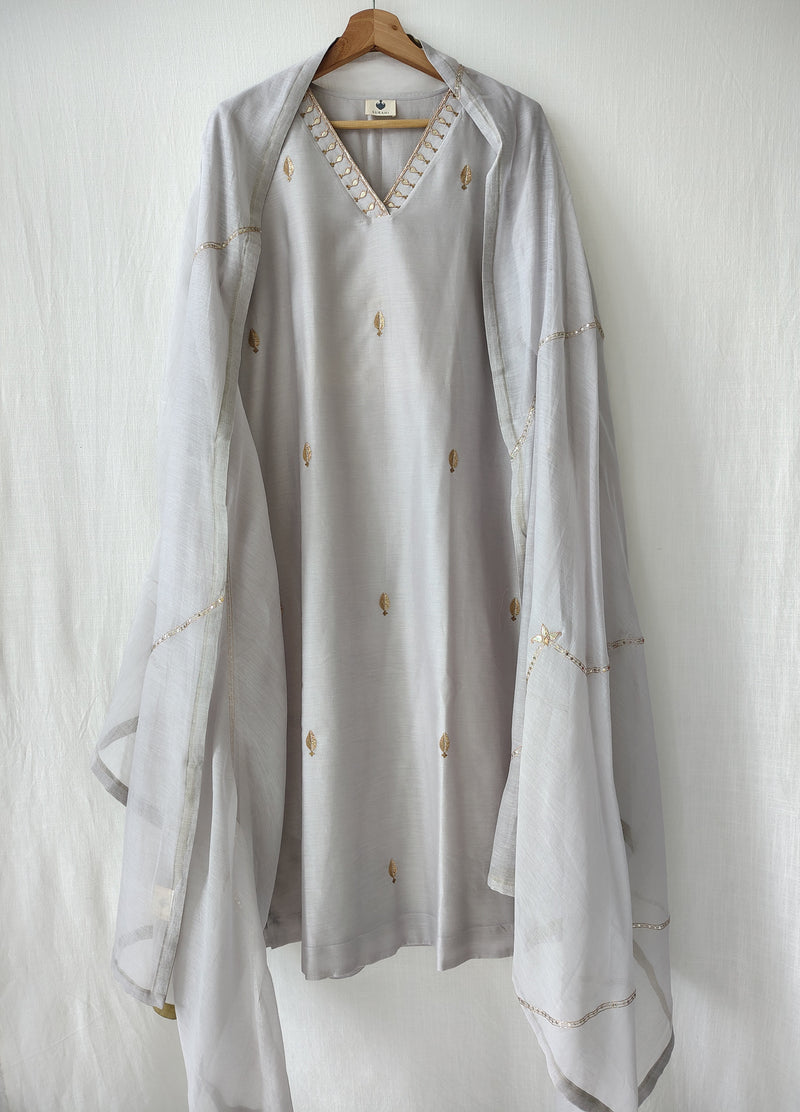Grey Gota Patti Hand Embroidered Kurta Set with Dupatta