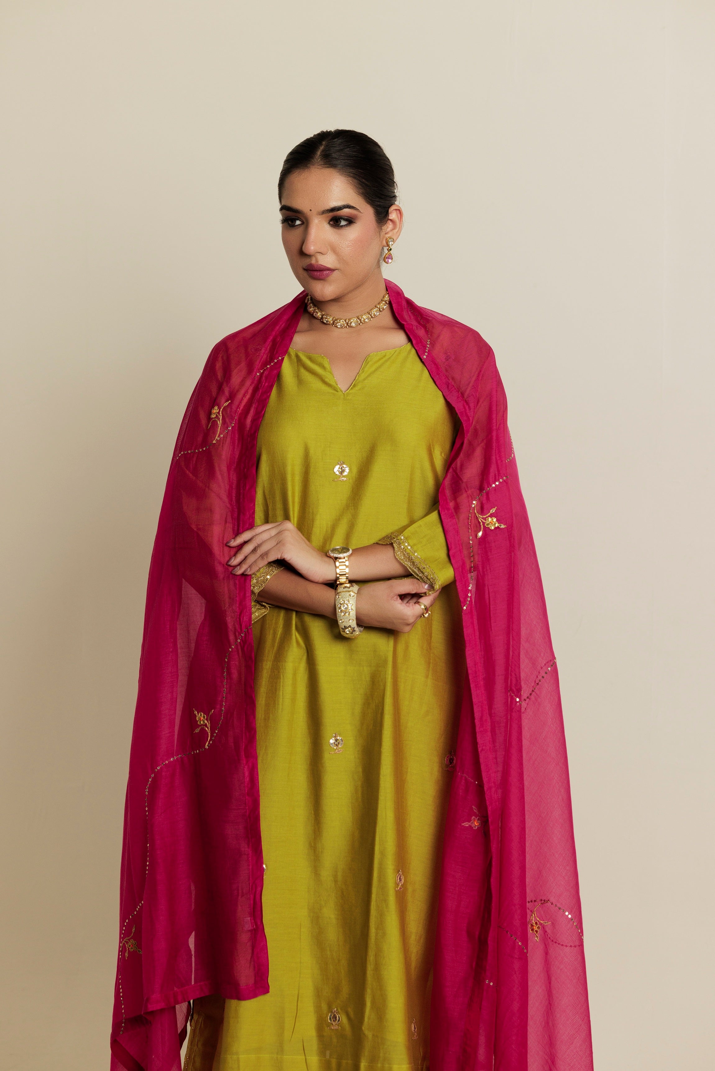 Green Hand Embroidered Aari-Zardozi Chanderi Kurta Set