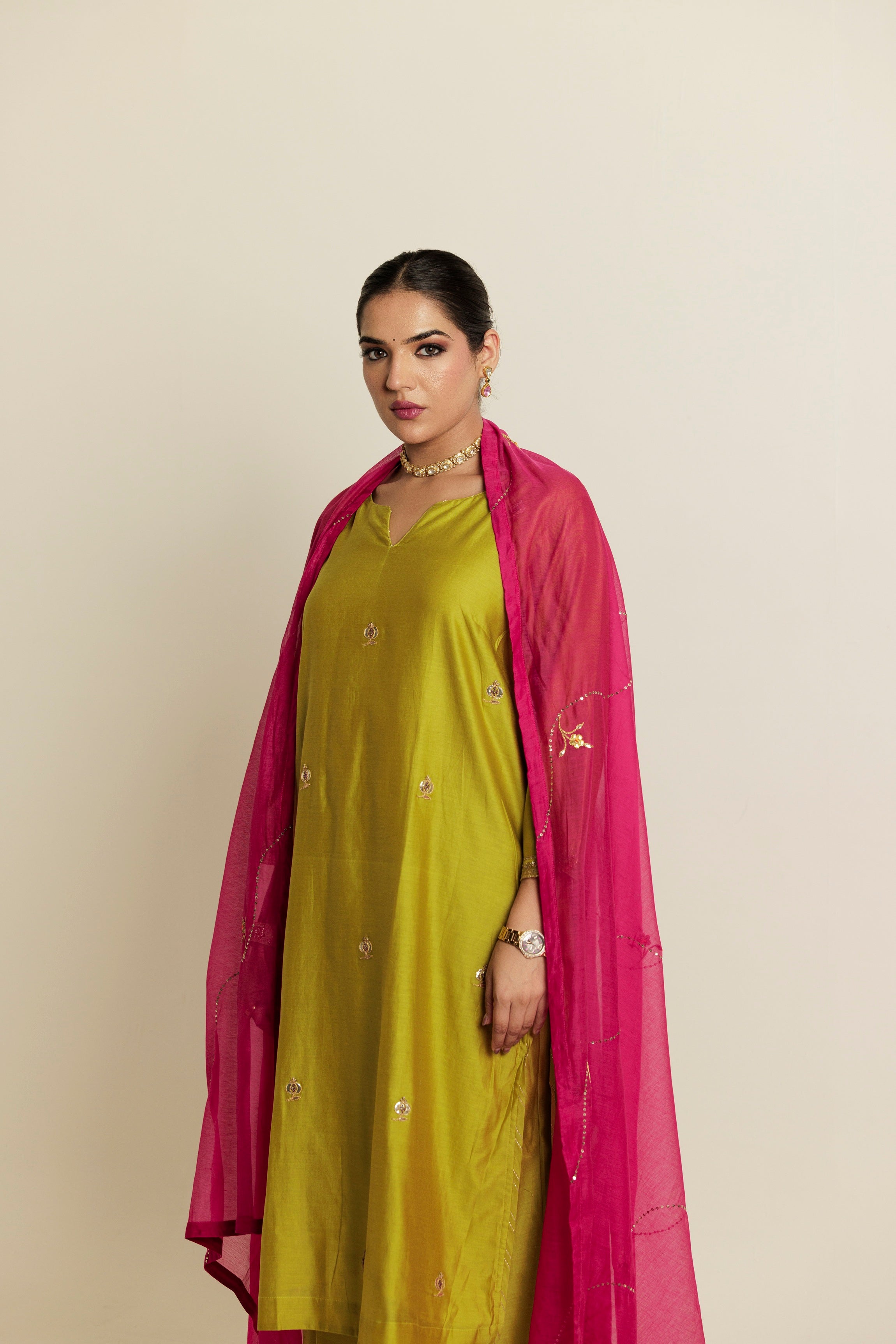 Green Hand Embroidered Aari-Zardozi Chanderi Kurta Set