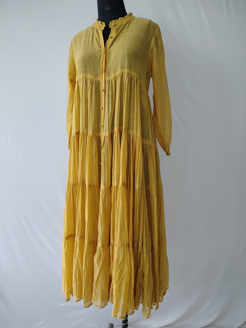 Yellow Chanderi Tiered Dress