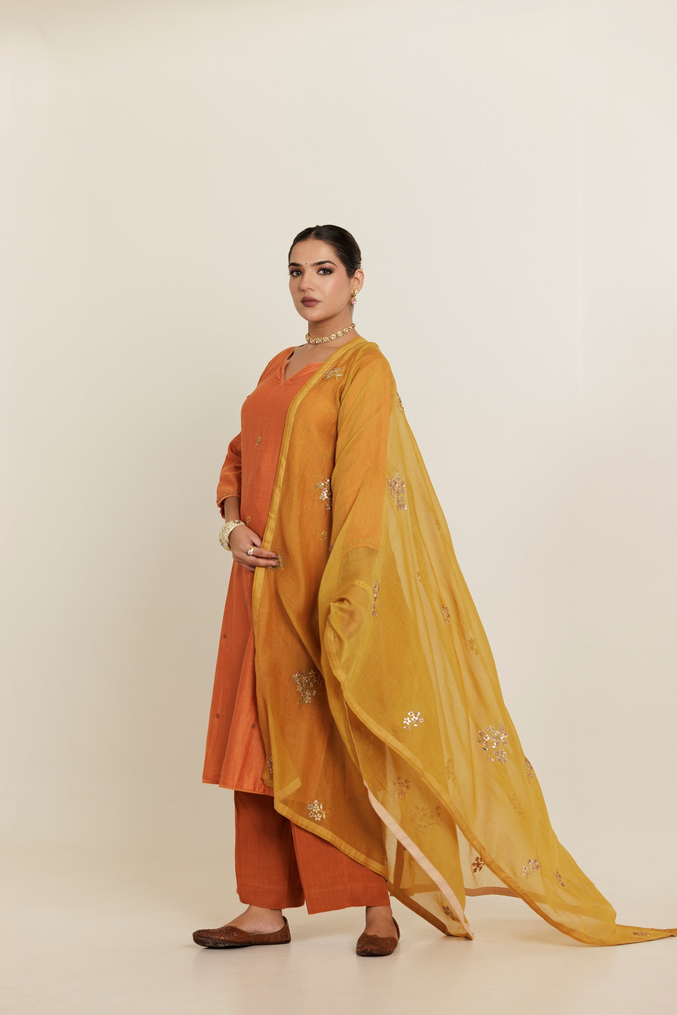 Burnt Orange Gota Patti Embroidered Chanderi Kurta Set