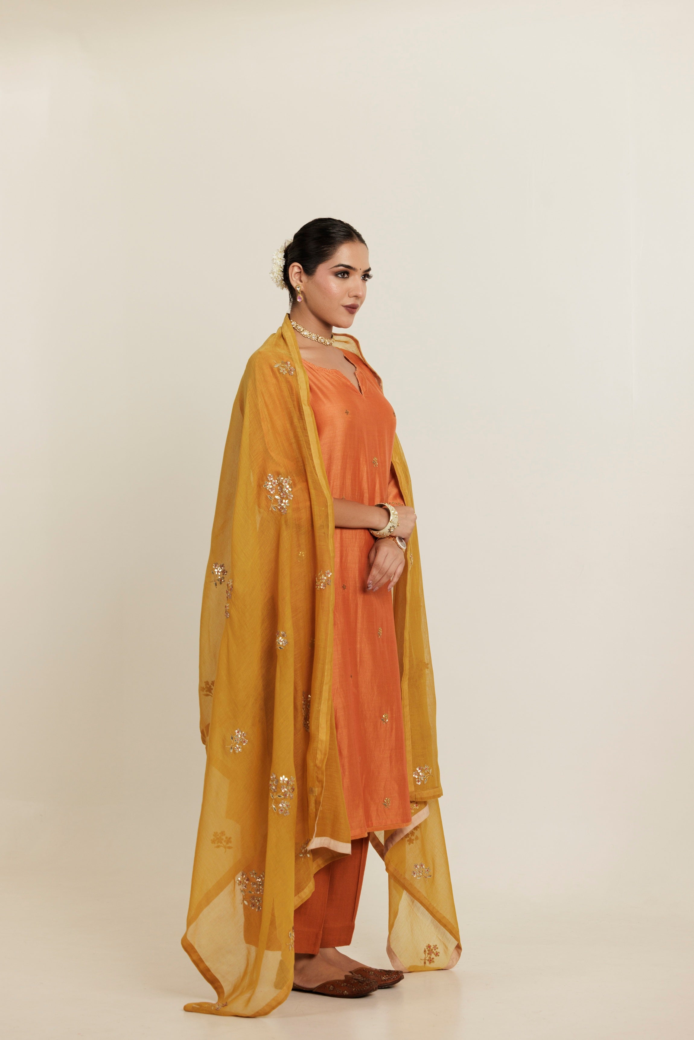 Burnt Orange Gota Patti Embroidered Chanderi Kurta Set