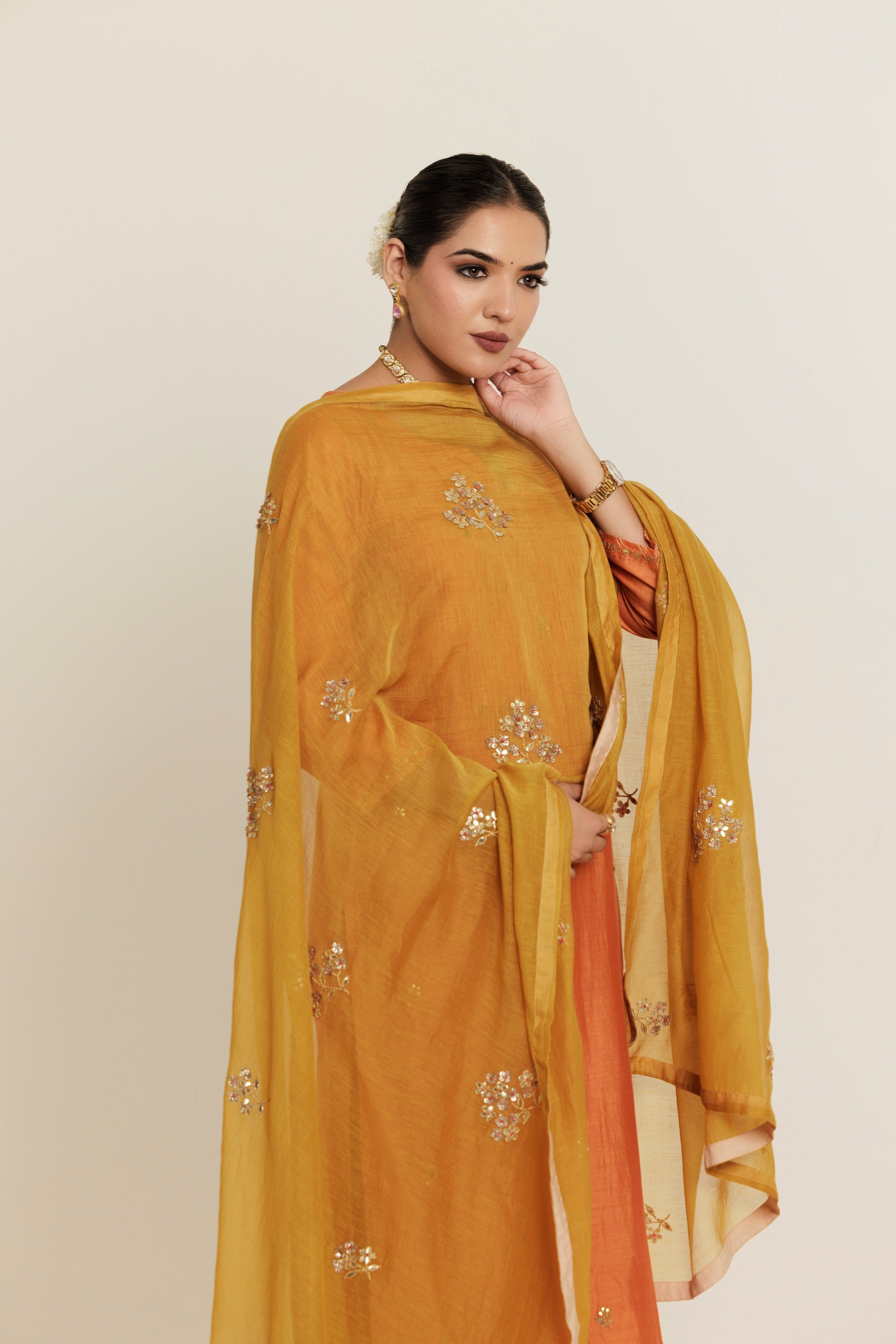 Burnt Orange Gota Patti Embroidered Chanderi Kurta Set