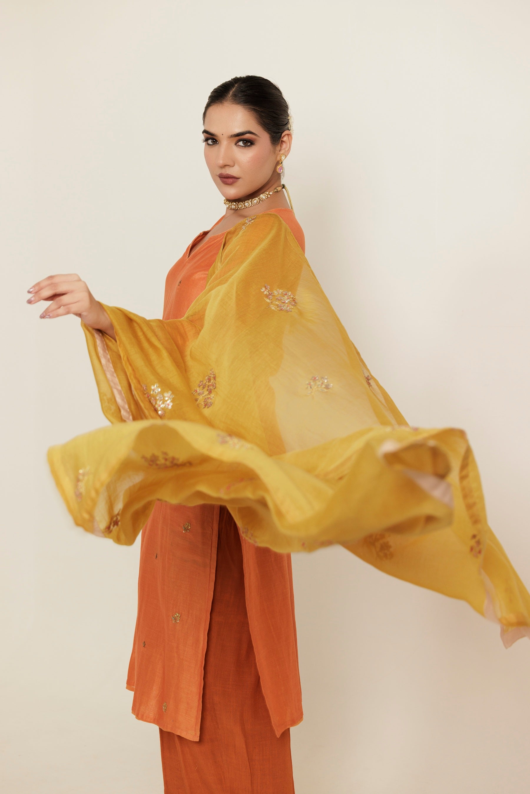 Burnt Orange Gota Patti Embroidered Chanderi Kurta Set