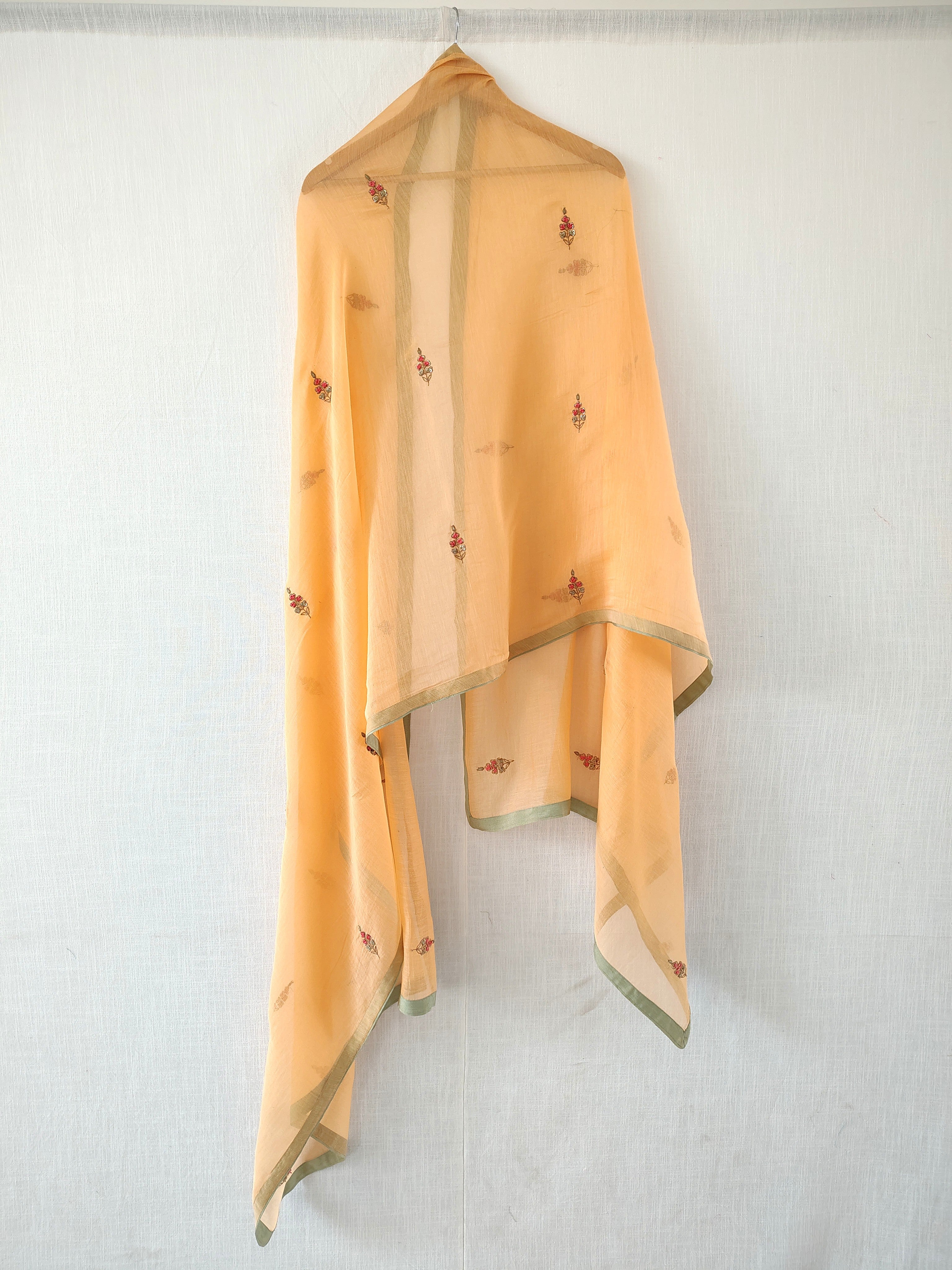 Peach Hand Embroidered Aari Cotton Silk Dupatta