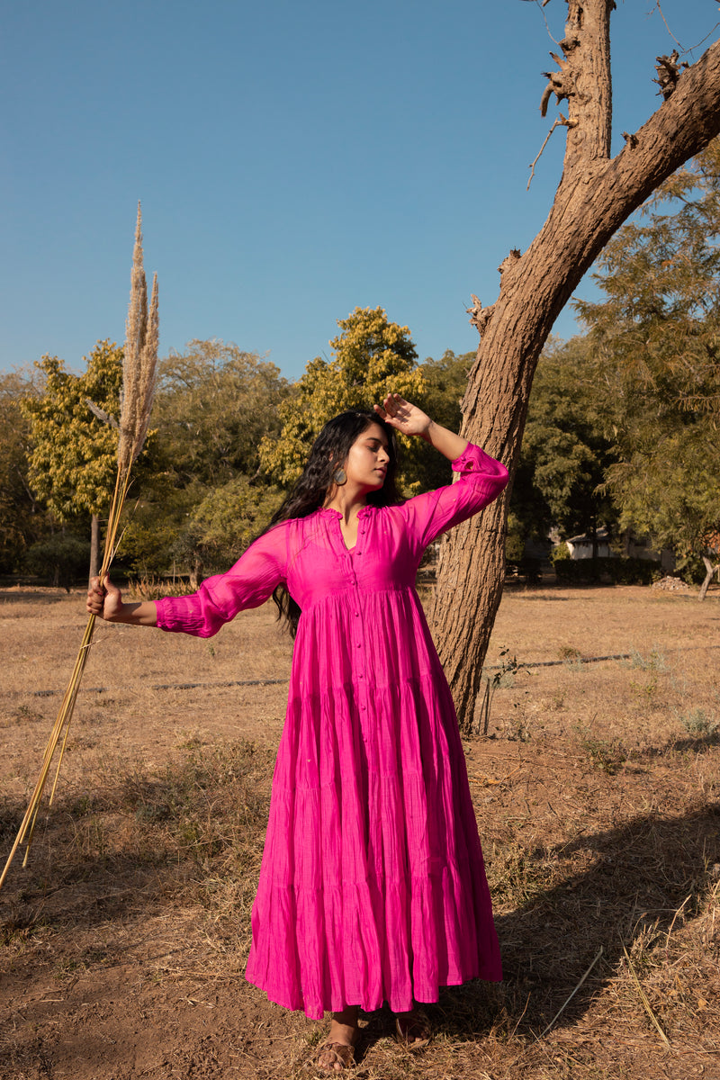 Pink Chanderi Flared Maxi Dress