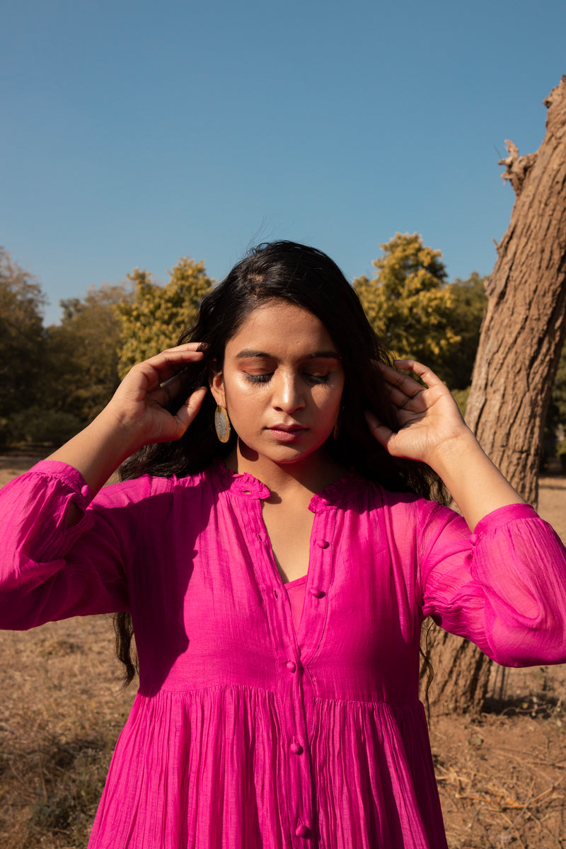 Pink Chanderi Flared Maxi Dress