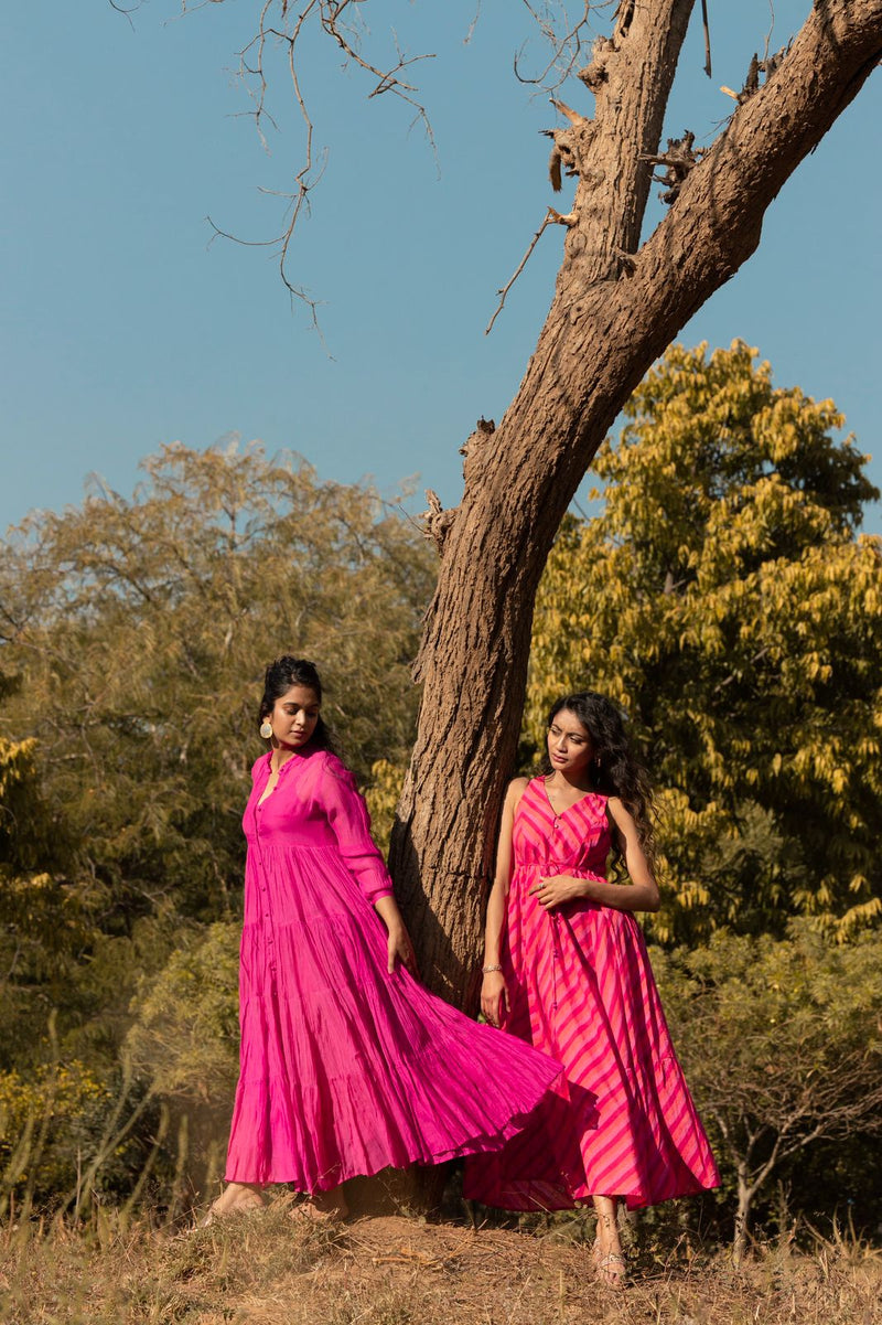 Pink Chanderi Flared Maxi Dress