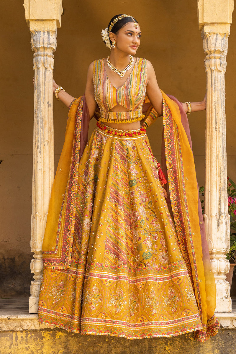 MUSTARD YELLOW LEHER LEHENGA SET