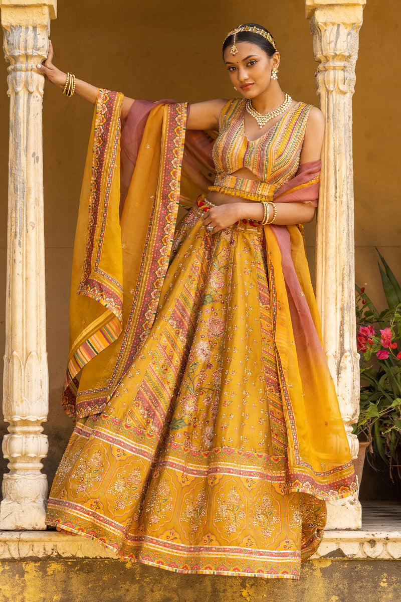 MUSTARD YELLOW LEHER LEHENGA SET