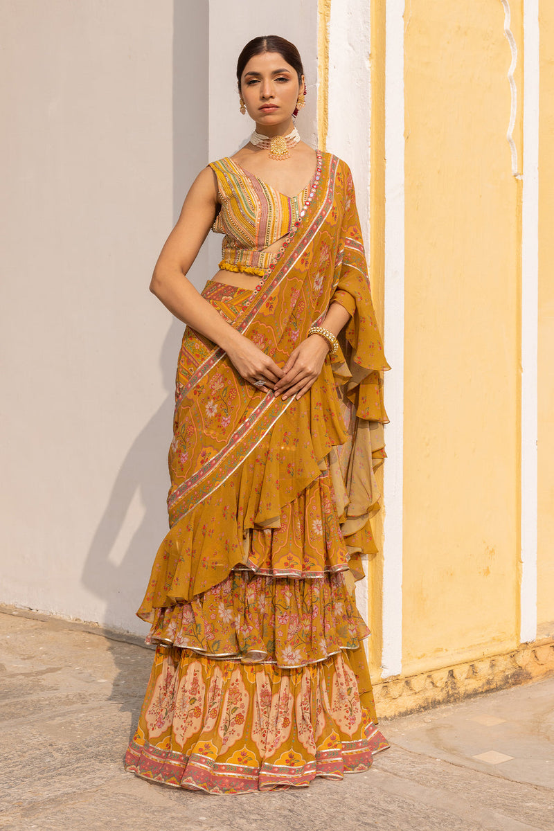 MUSTARD YELLOW DAMINI RUFFLE SAREE