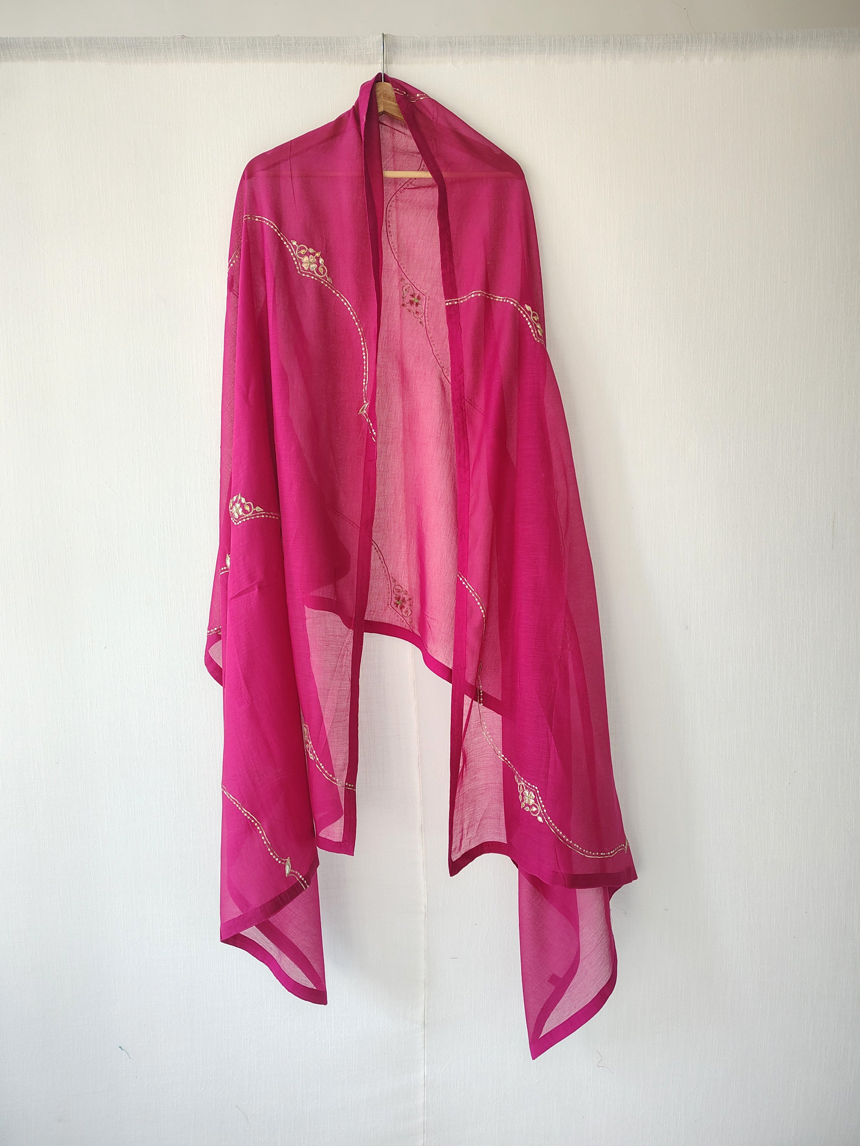 Pink Hand Embroidered Chanderi Cotton Silk Dupatta