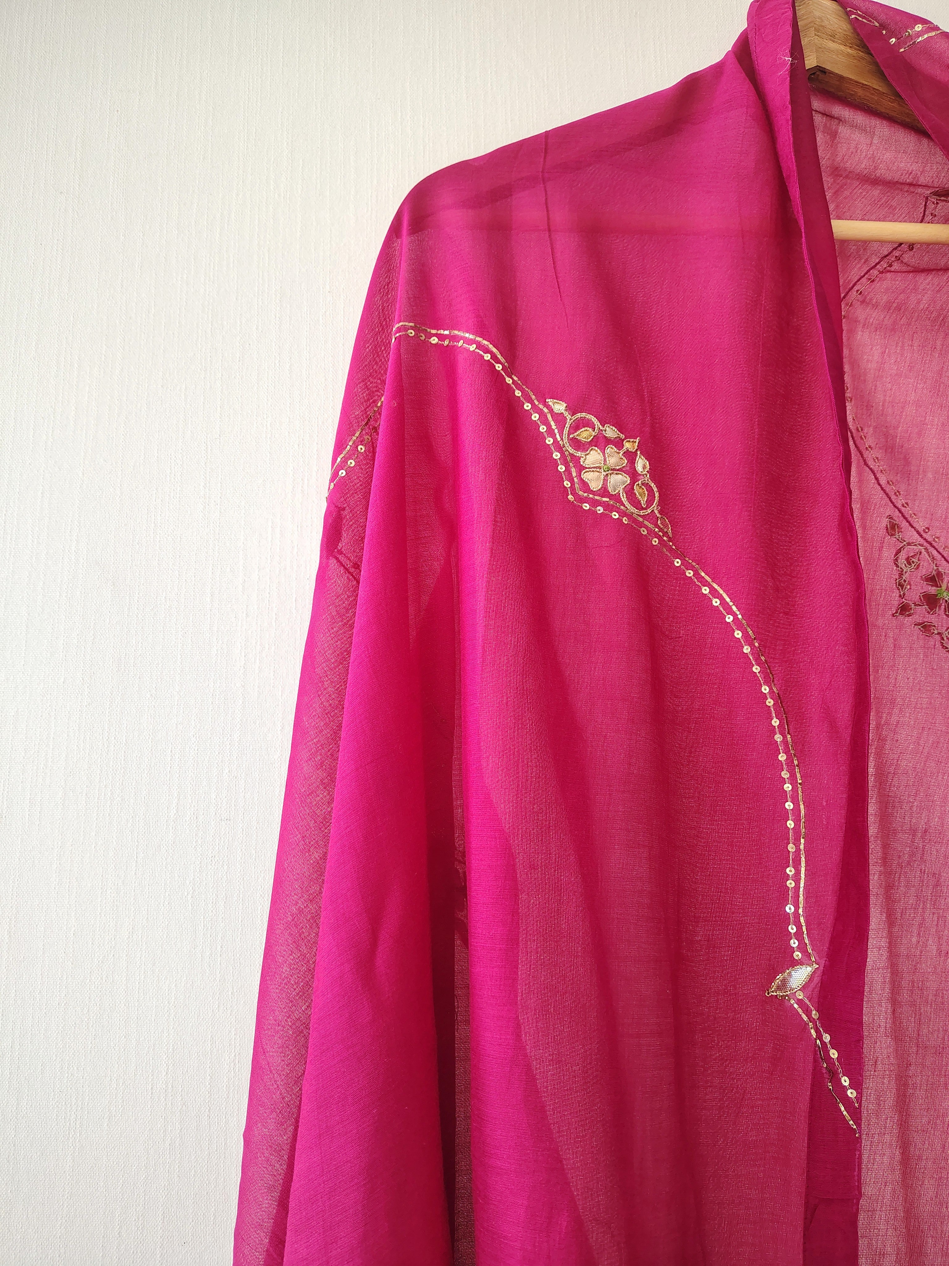 Pink Hand Embroidered Chanderi Cotton Silk Dupatta