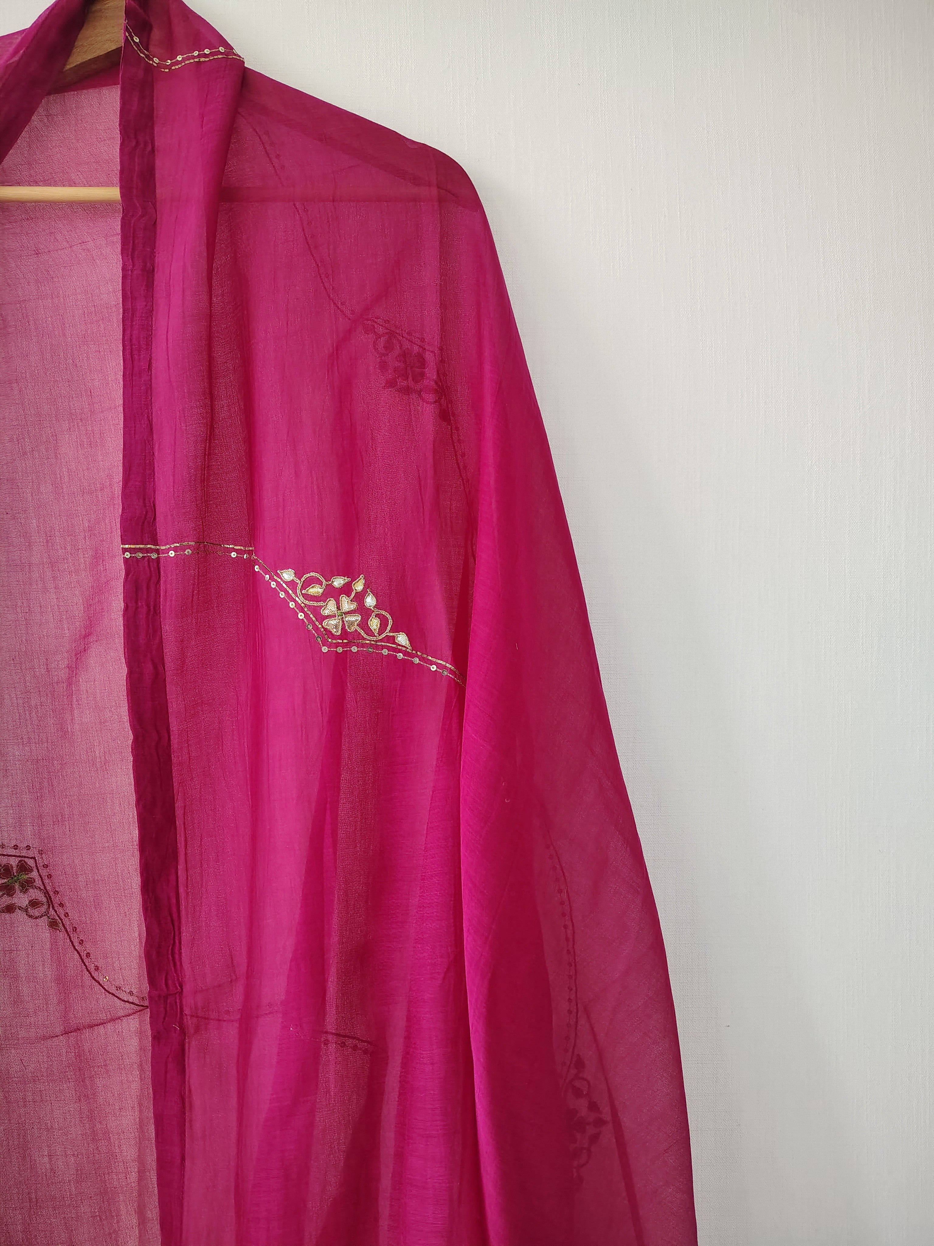 Pink Hand Embroidered Chanderi Cotton Silk Dupatta
