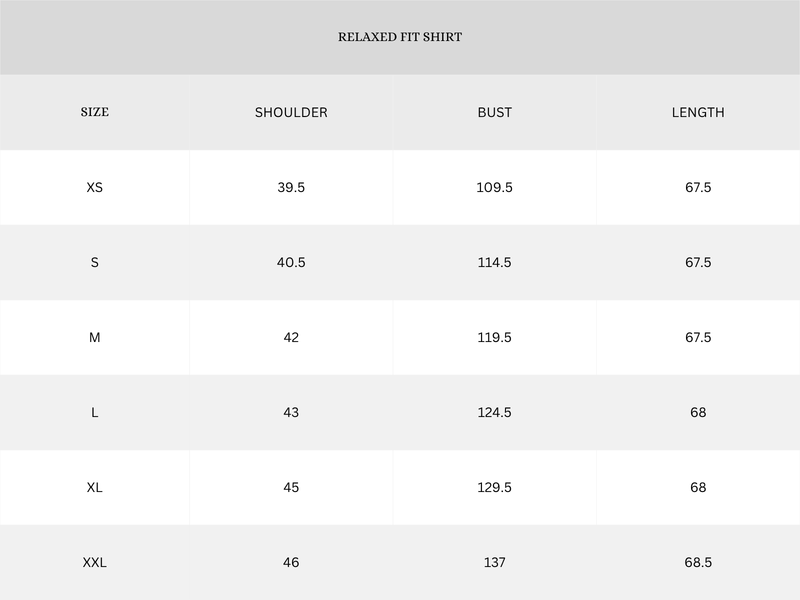 Garment Size Chart - Centimeters