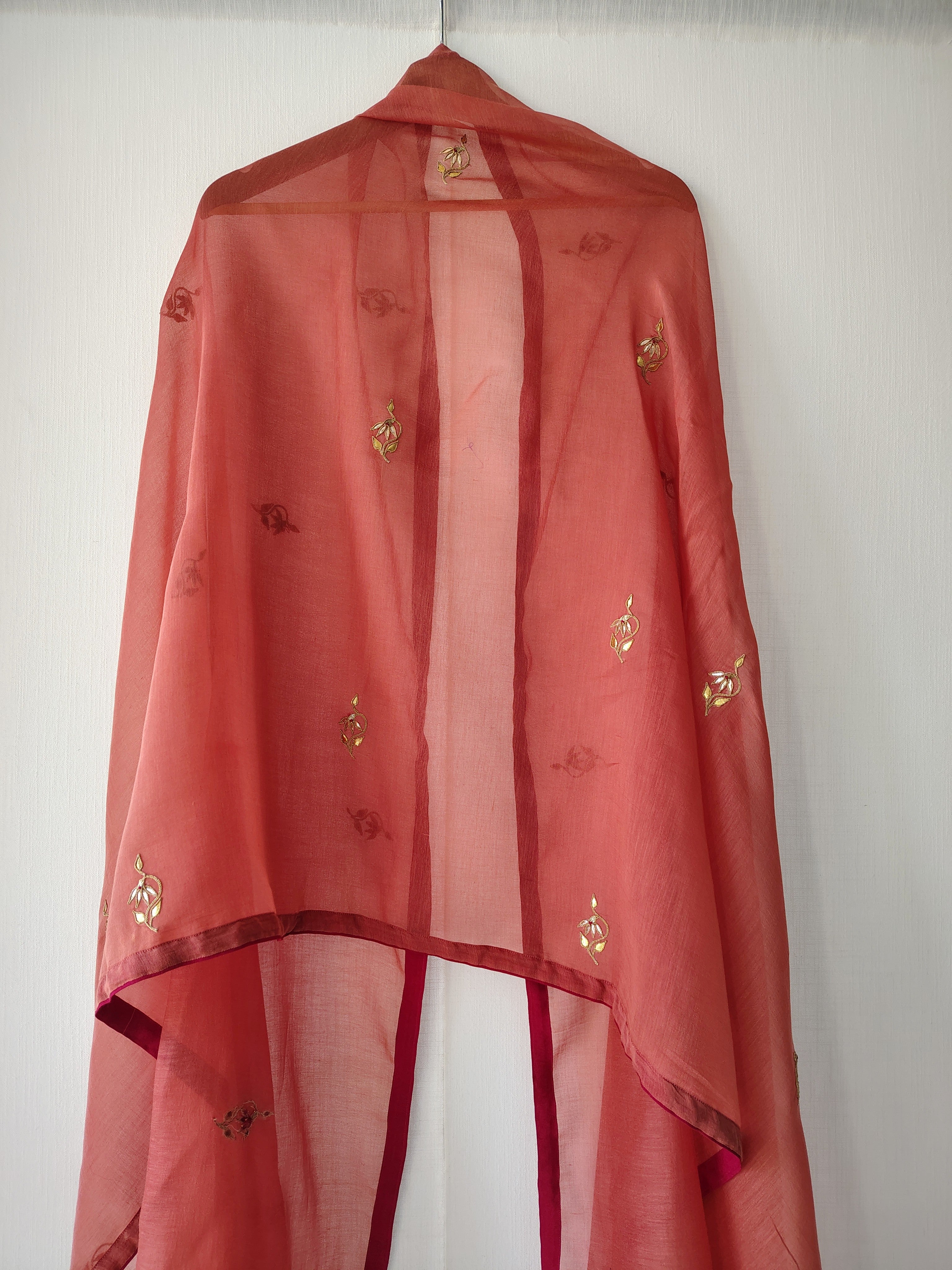 Rust Embroidered Gota-Patti Cotton Silk Chanderi Dupatta