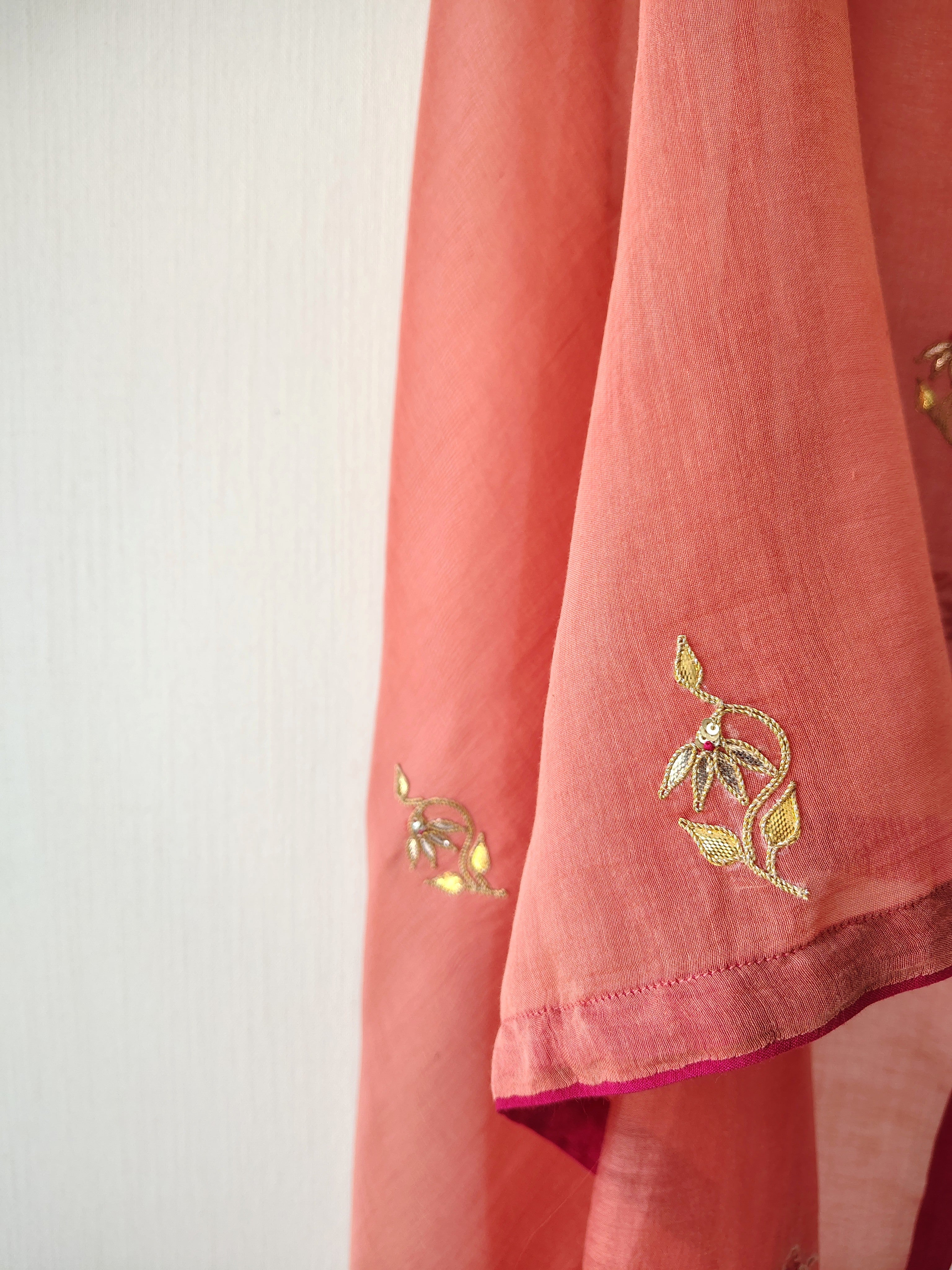 Rust Embroidered Gota-Patti Cotton Silk Chanderi Dupatta