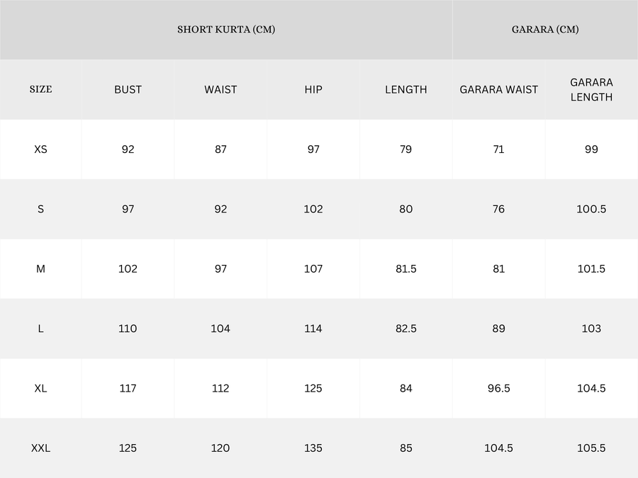 Garment size chart in cm