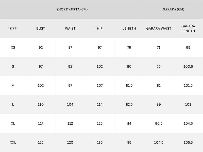 Garment Size Chart - Centimeters