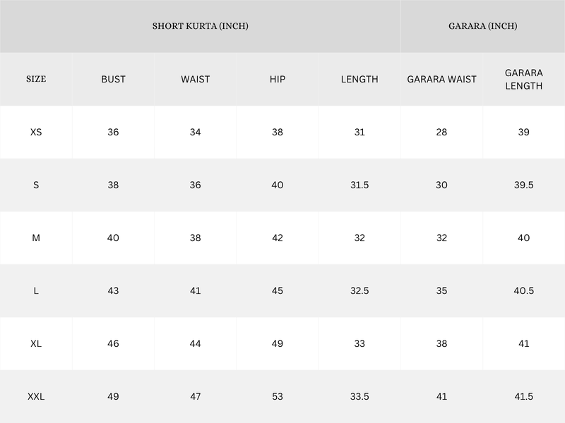 Garment Size Chart - Inches
