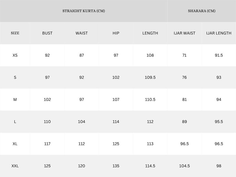 Garment Size Chart - Centimeters