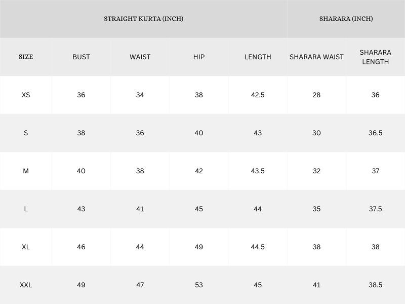 Garment Size Chart - Inches