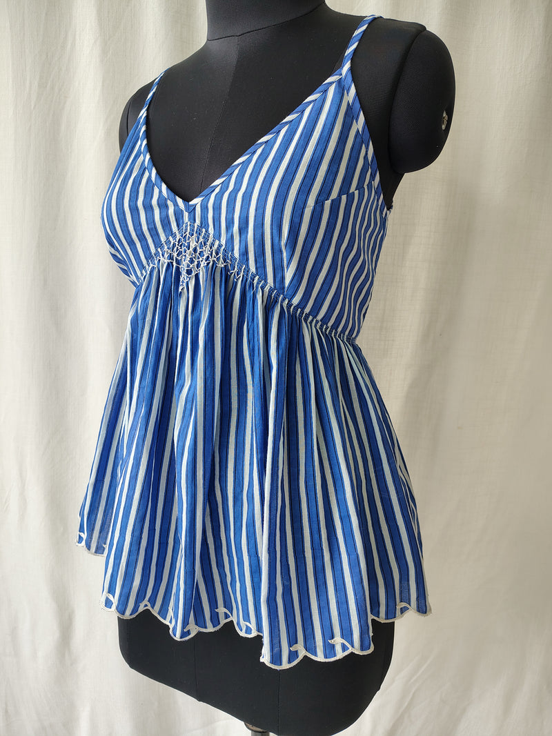 Blue Stripes Hand Embroidered Strappy Tank Top