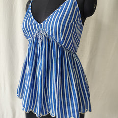 Blue Stripes Hand Embroidered Strappy Tank Top