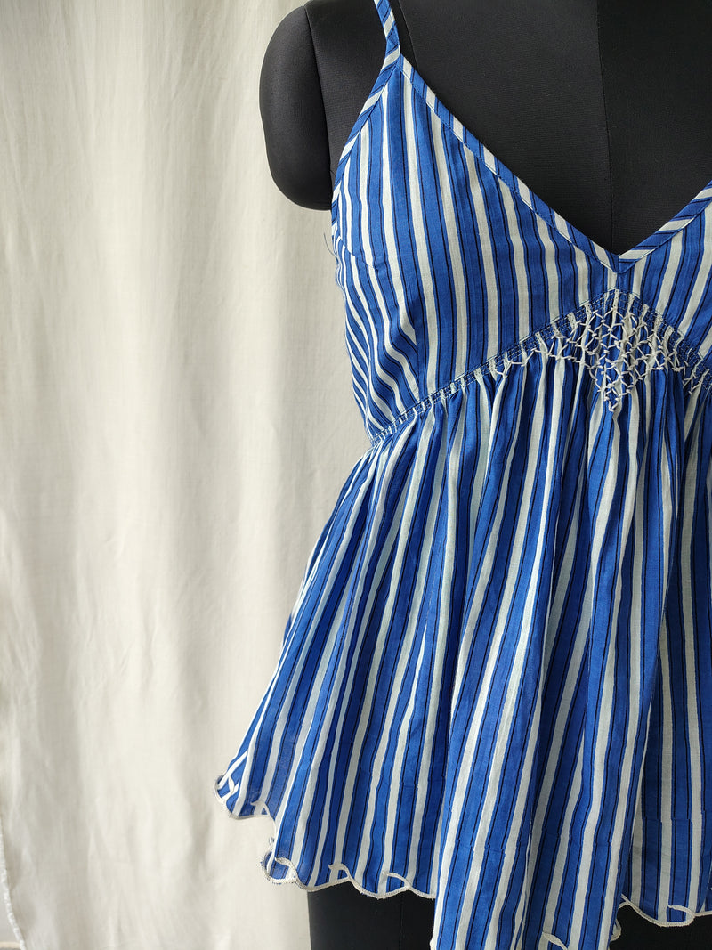 Blue Stripes Hand Embroidered Strappy Tank Top
