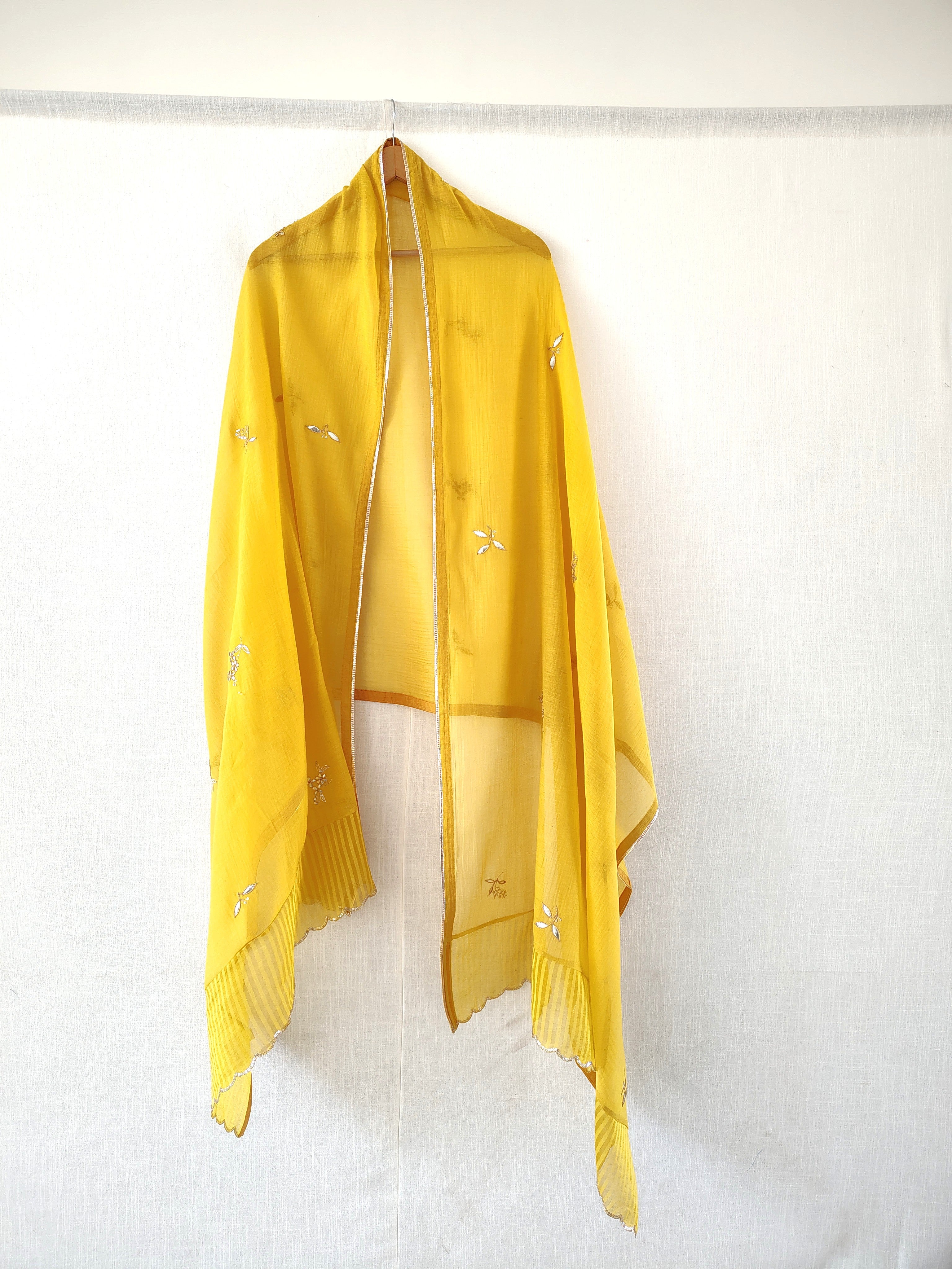 Yellow Hand Embroidered Gota Patti Chanderi Dupatta