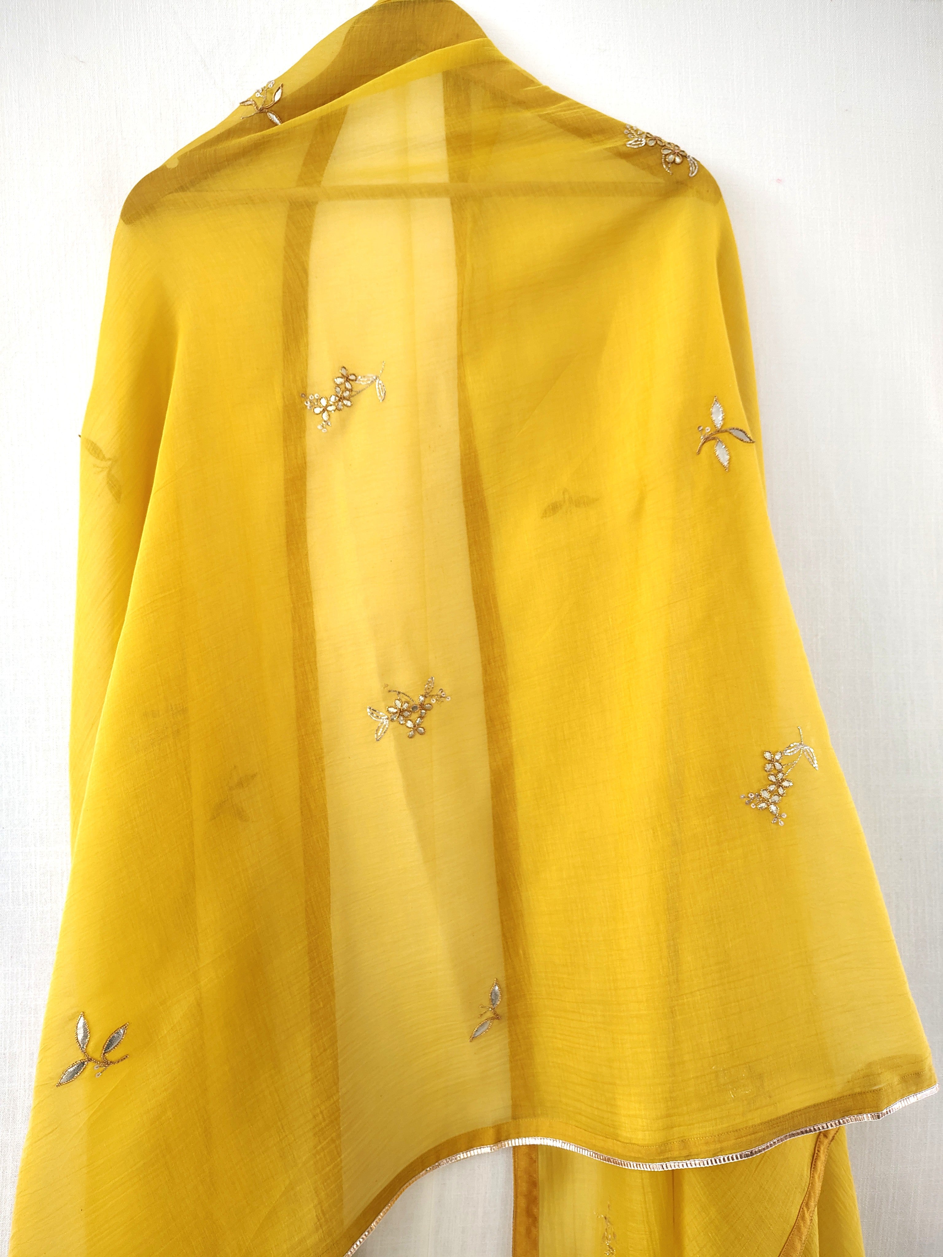 Yellow Hand Embroidered Gota Patti Chanderi Dupatta