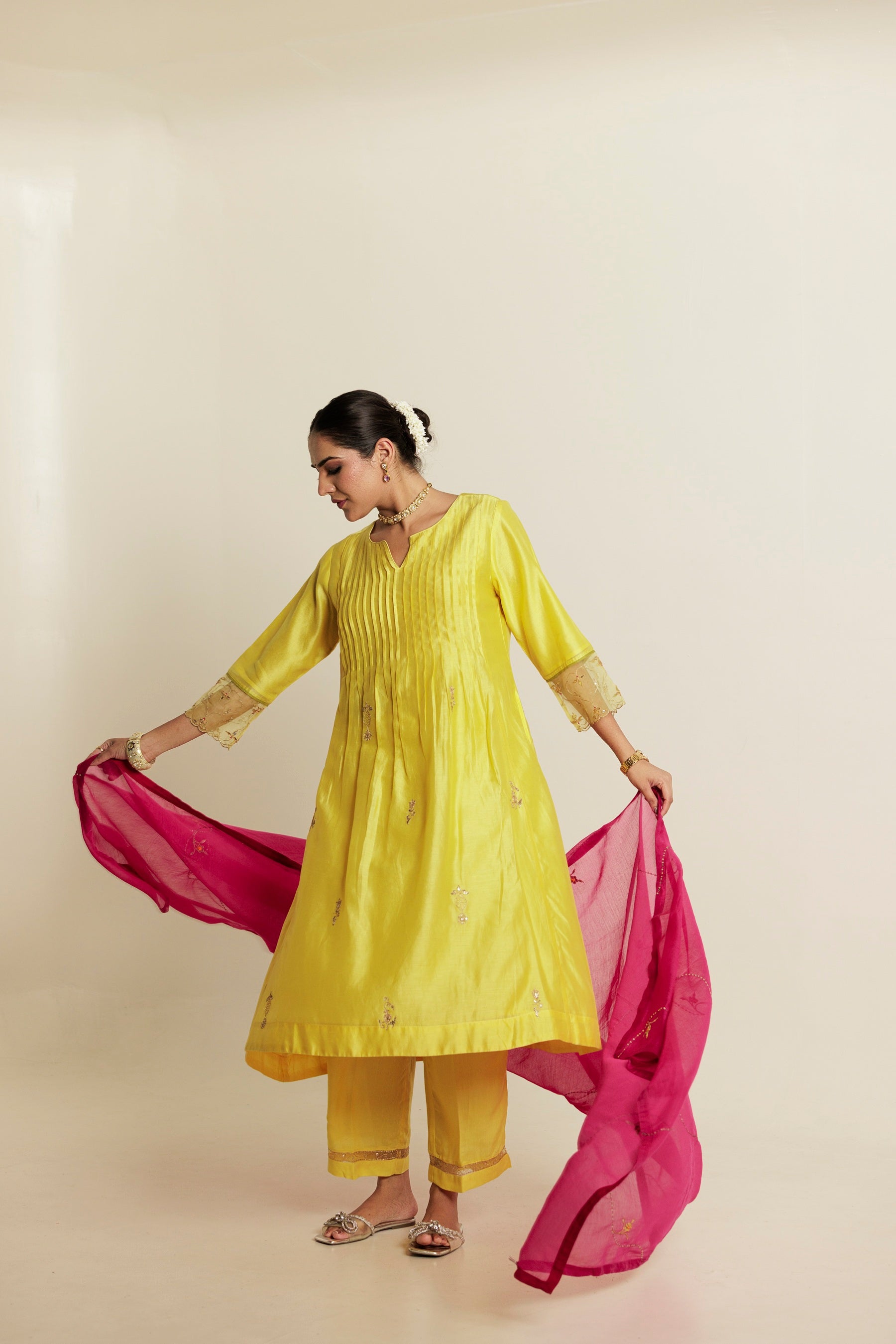 Jasmine Yellow Flared Aari-Gota Patti Kurta Set