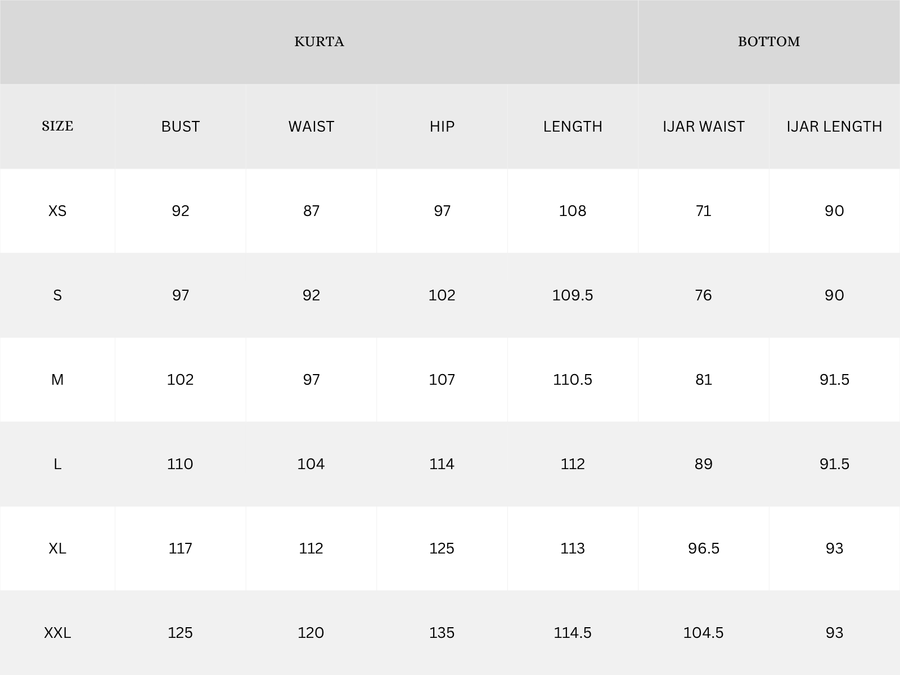 Garment size chart in cm