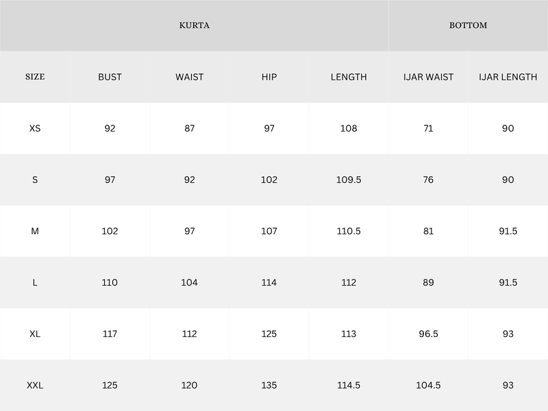 Garment Size Chart - Centimeters